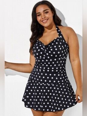 Black Halter Sweetheart Polka Dot Sexy Swimdress Size M NWT
